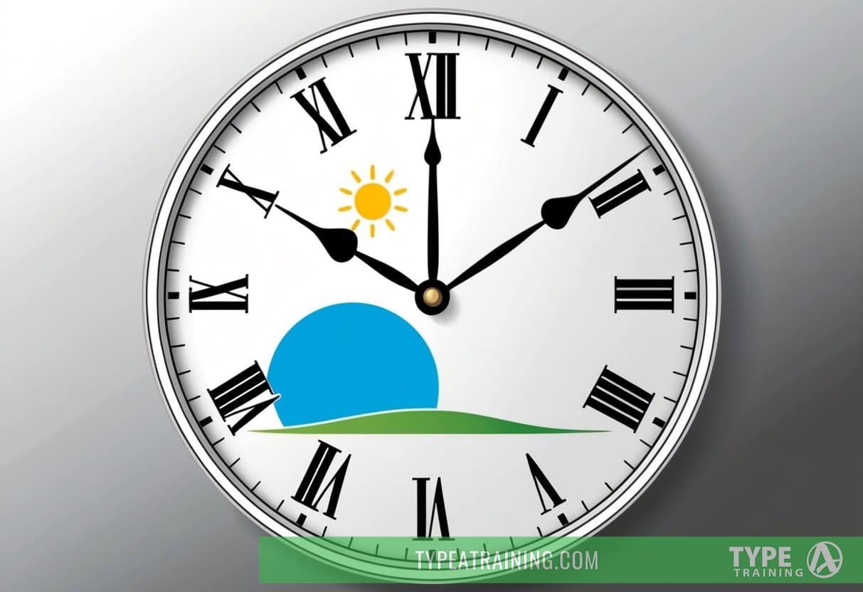 A clock face with the hour hand moving forward and the sun rising or setting, showing the transition of time for daylight saving