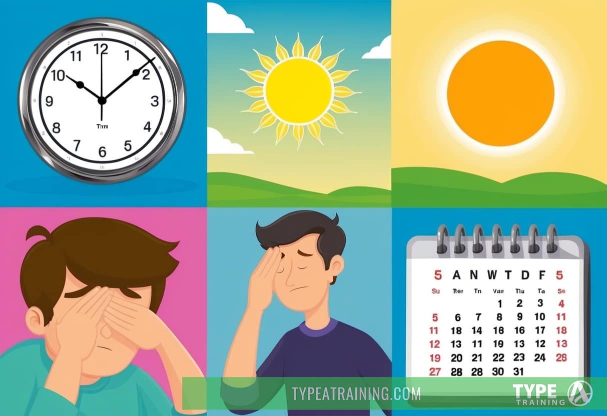 A clock showing two different times, a person yawning, a bright sun rising or setting, a tired person rubbing their eyes, a calendar with the date changing