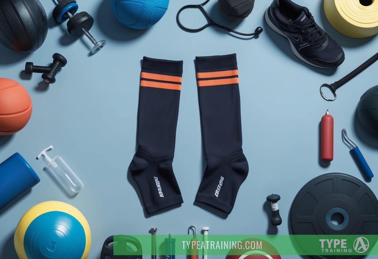 A pair of compression socks laid out on a flat surface, surrounded by various athletic and medical equipment