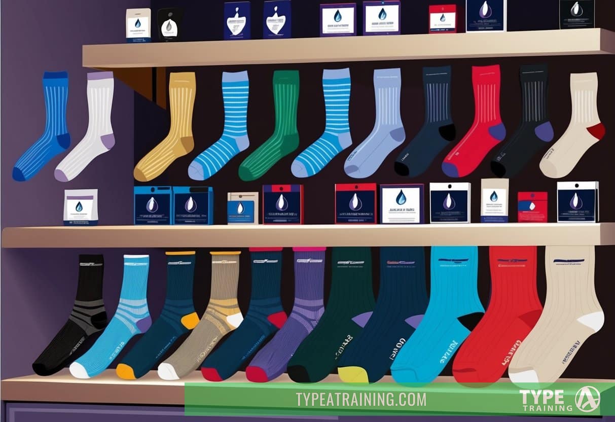A variety of compression socks in different sizes and styles neatly arranged on a display shelf