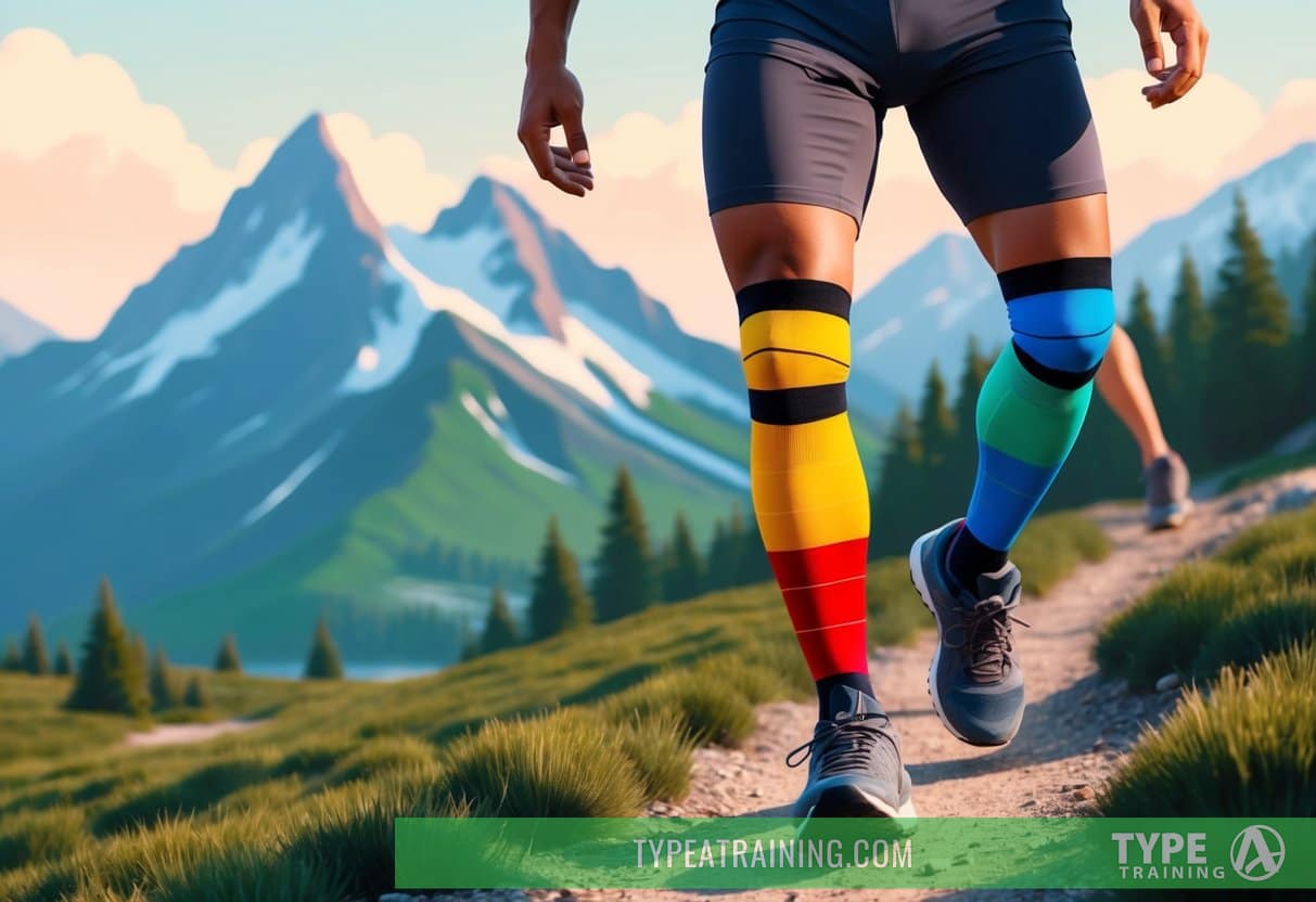 A person wearing colorful compression socks while walking on a scenic trail with mountains in the background