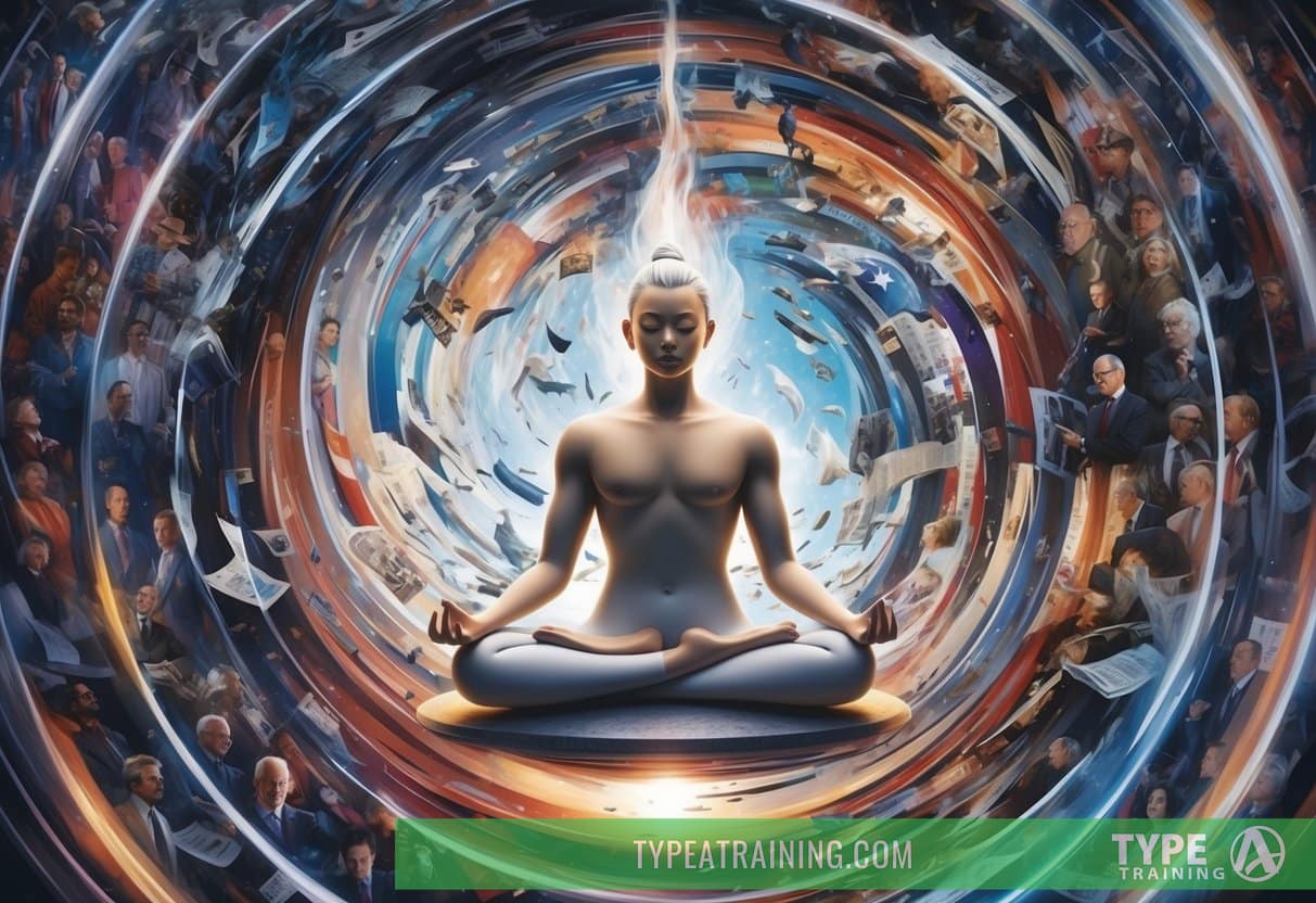 A serene figure meditates amidst a swirl of chaotic election imagery, finding peace and calm amidst the storm