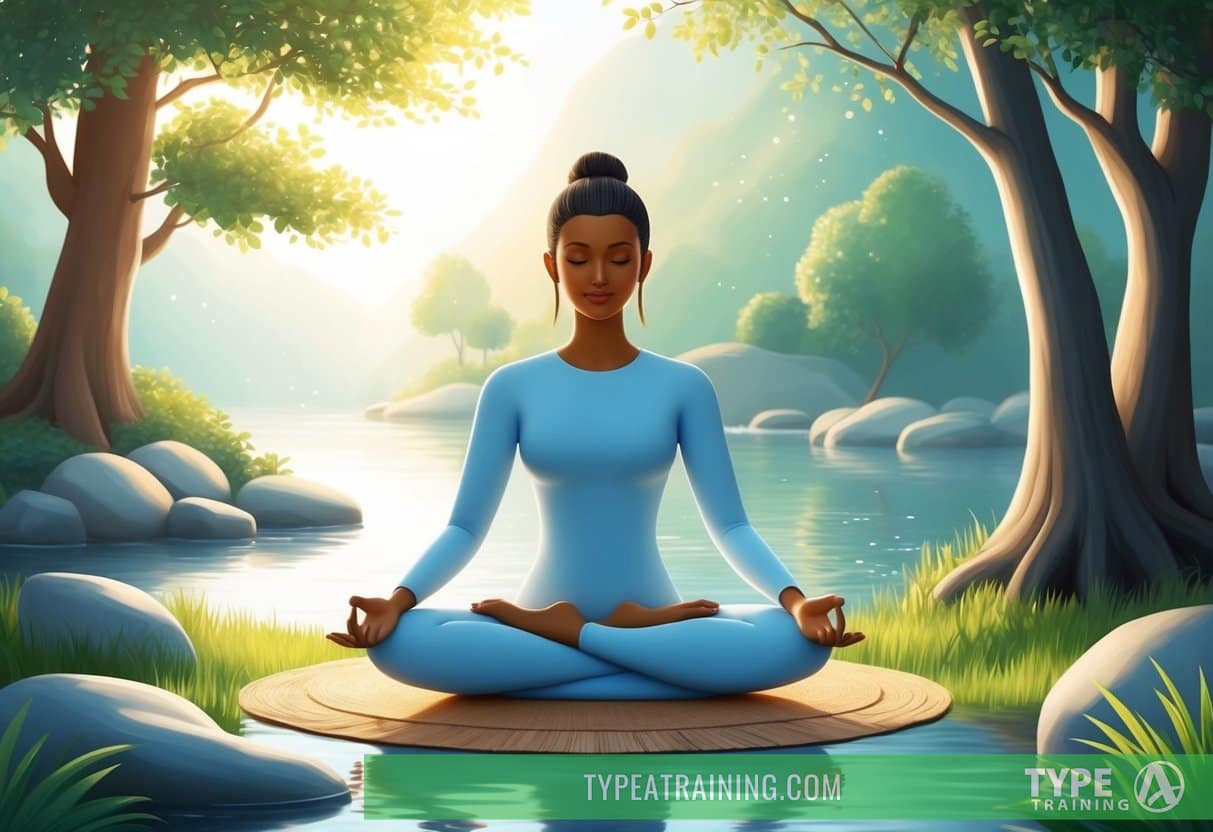 A serene figure sits cross-legged in a peaceful, natural setting, surrounded by calming elements like water, trees, and gentle sunlight