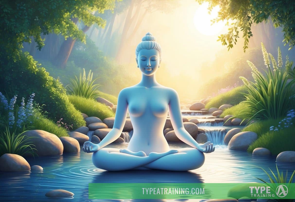 A serene figure meditating in a peaceful, nature-filled setting, surrounded by calming elements like flowing water and gentle sunlight