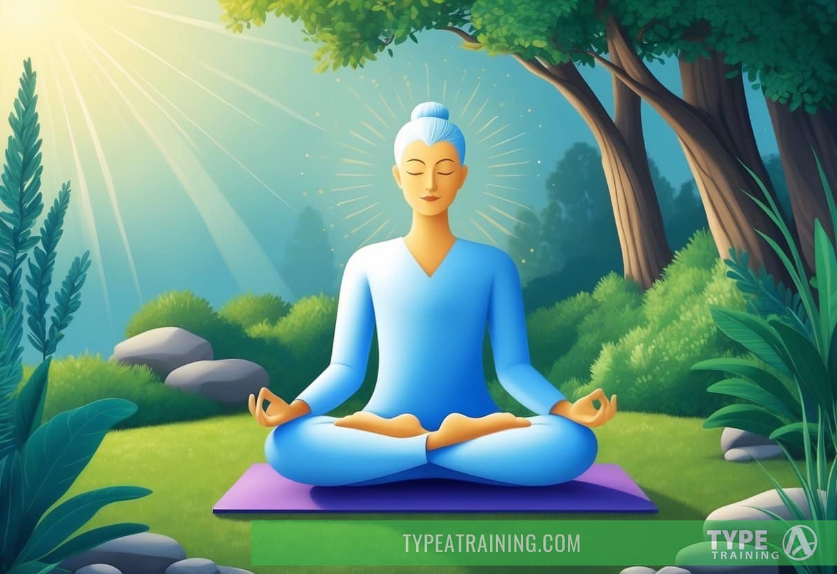 A serene figure sits cross-legged in a peaceful setting, surrounded by nature. A sense of calm and tranquility radiates from the scene, suggesting the power of meditation to alleviate election anxiety