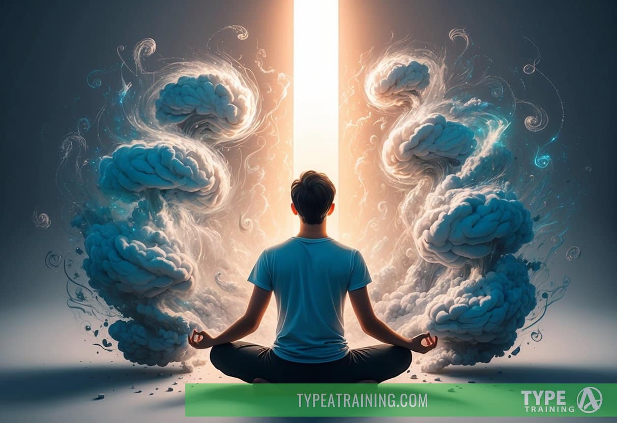 A person sitting cross-legged, surrounded by swirling thoughts and worries. A beam of light breaks through, calming the chaos