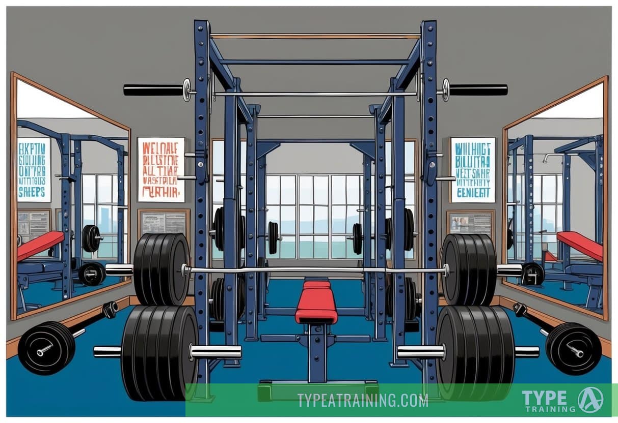 A gym with weightlifting equipment and barbells, surrounded by mirrors and motivational posters