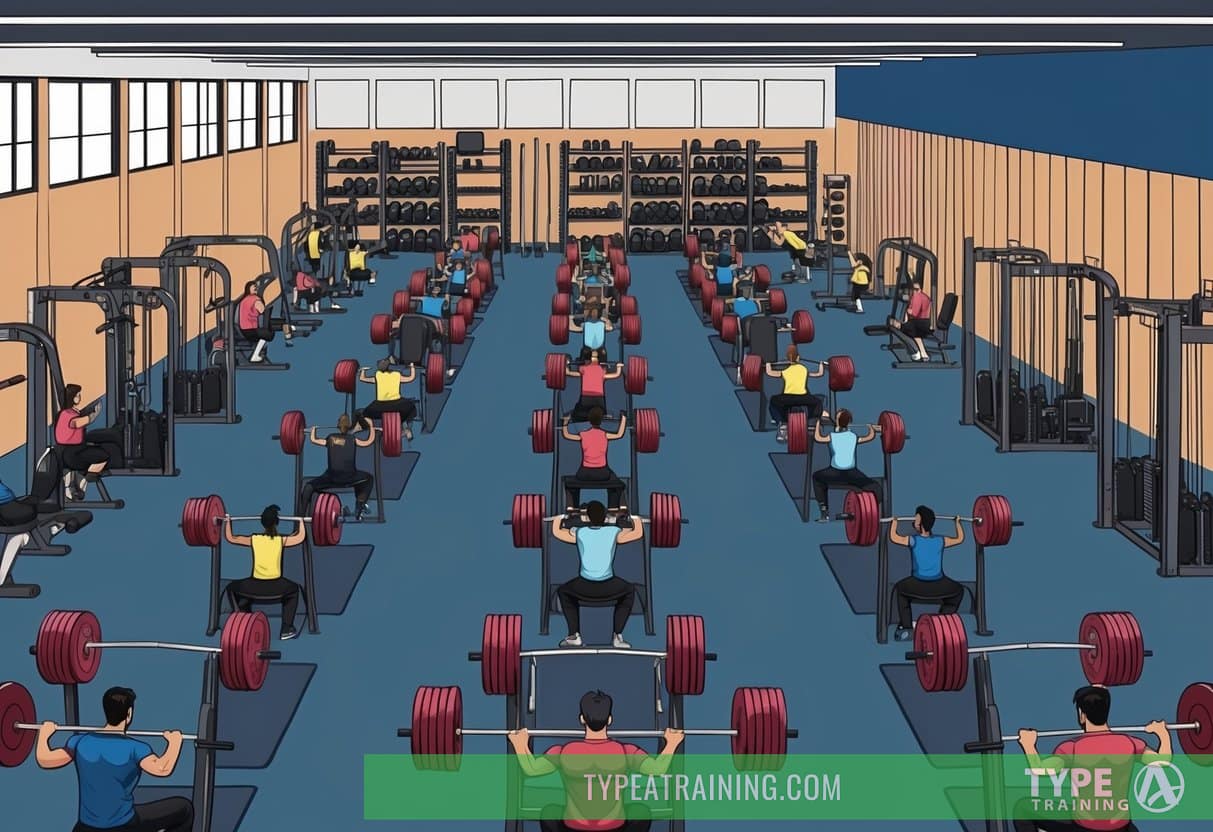 A gym with multiple weightlifting stations, filled with people lifting heavy weights in a structured and intense manner