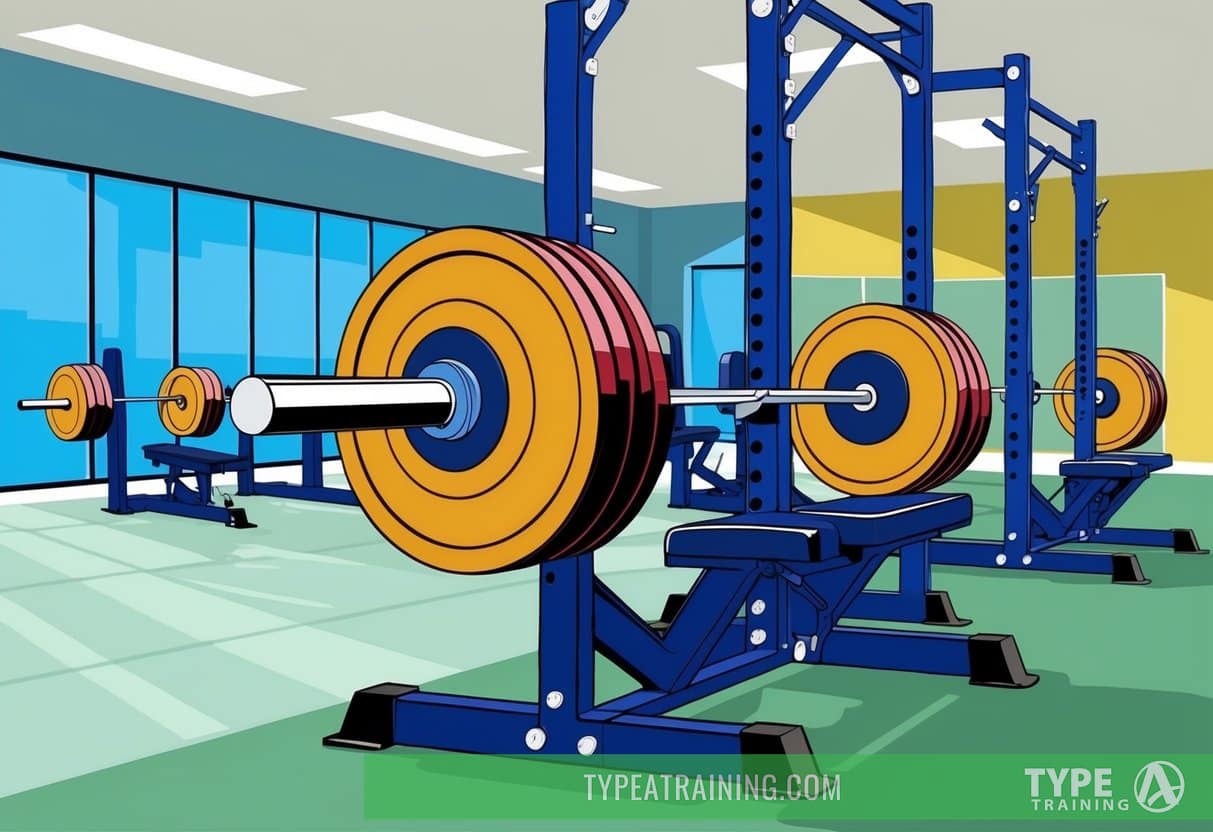 A gym with weightlifting equipment arranged in a spacious, well-lit room. A barbell loaded with heavy weights sits on a squat rack, ready for use