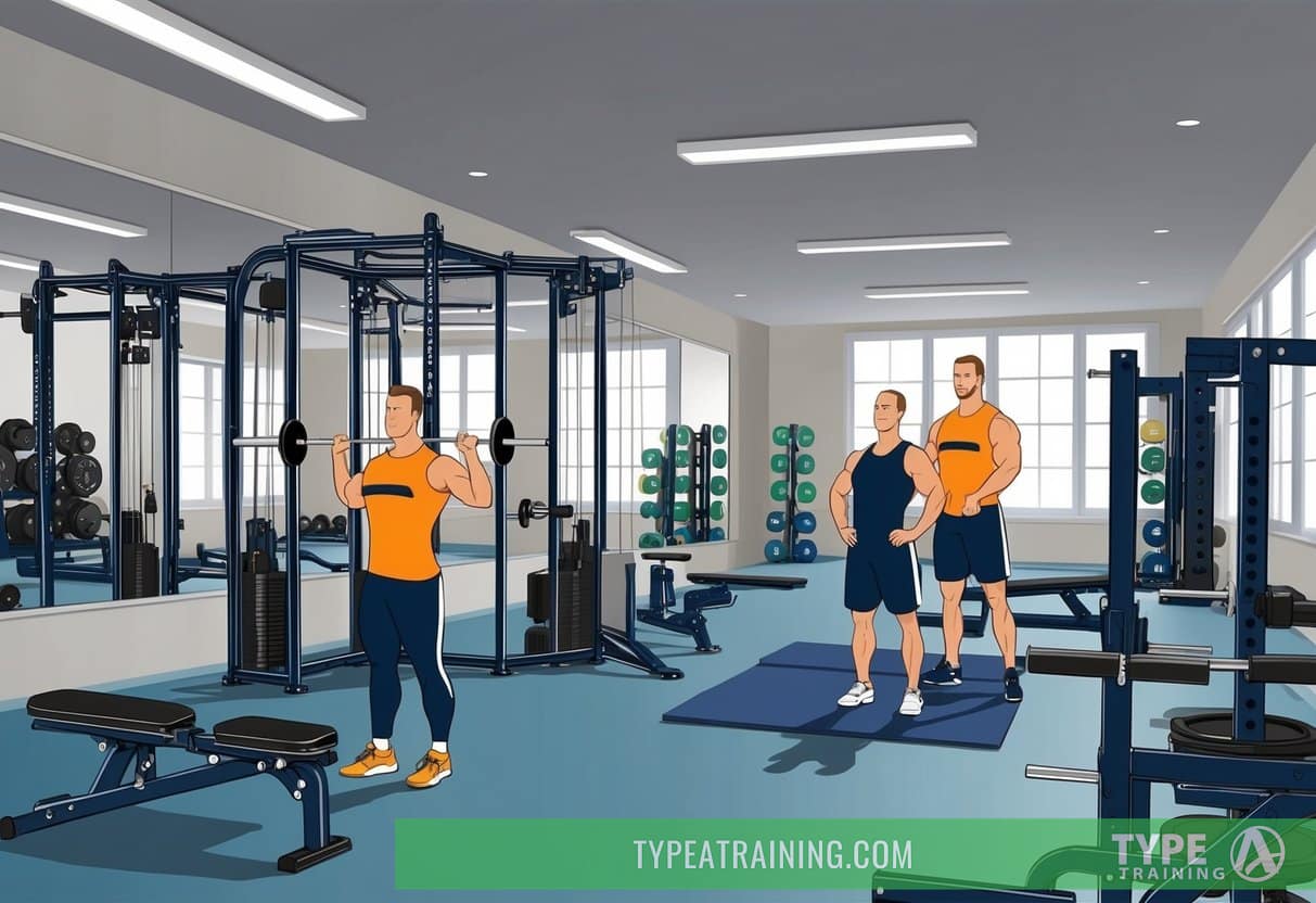 A gym with weightlifting equipment arranged in a spacious, well-lit room. A trainer guides a client through German Volume Training exercises
