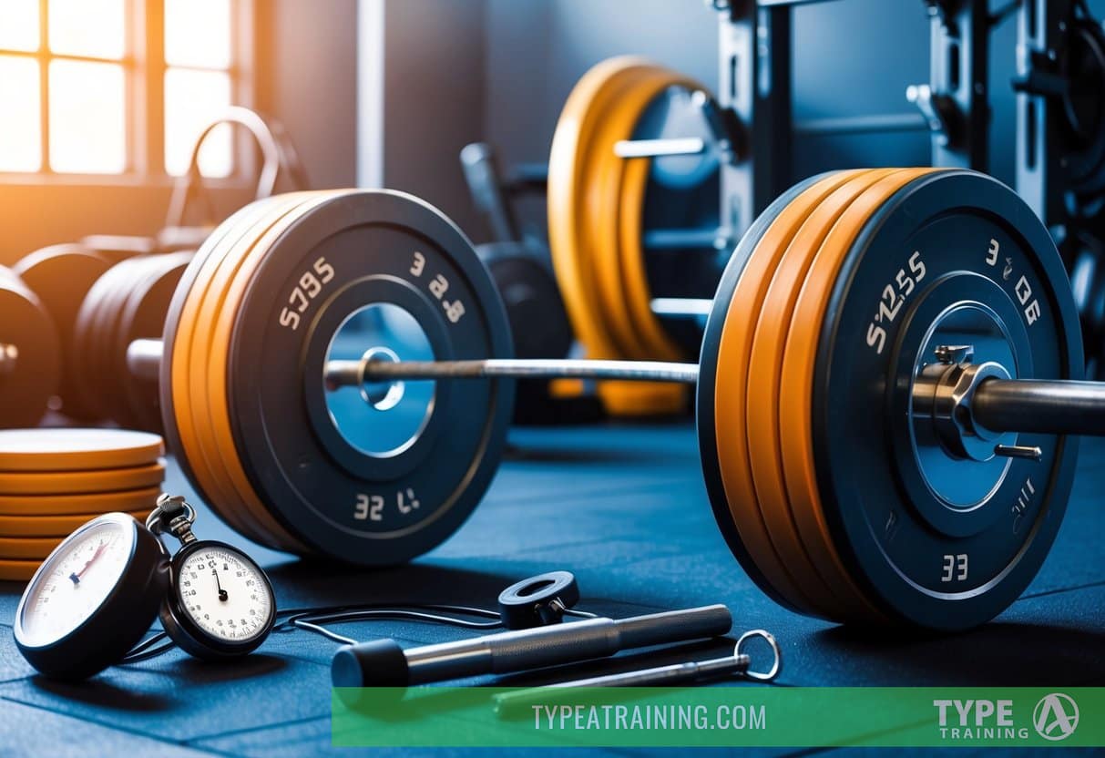A weightlifting bar loaded with plates, surrounded by gym equipment and a stopwatch, with a focused atmosphere