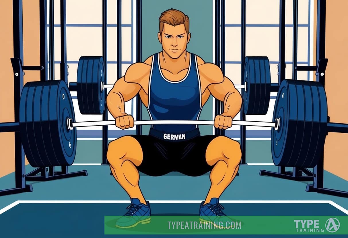 A gym with weightlifting equipment, barbells, and dumbbells. A person performing German Volume Training with a focused and determined expression