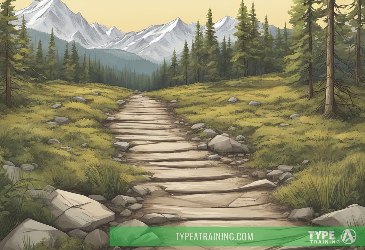 A rugged trail splits, one side showing footprints and the other with a weighted backpack