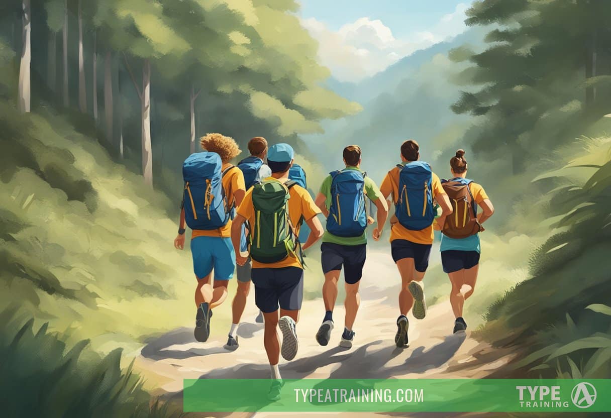 A group of runners and ruckers moving along a trail, with some carrying weighted backpacks and others running without them