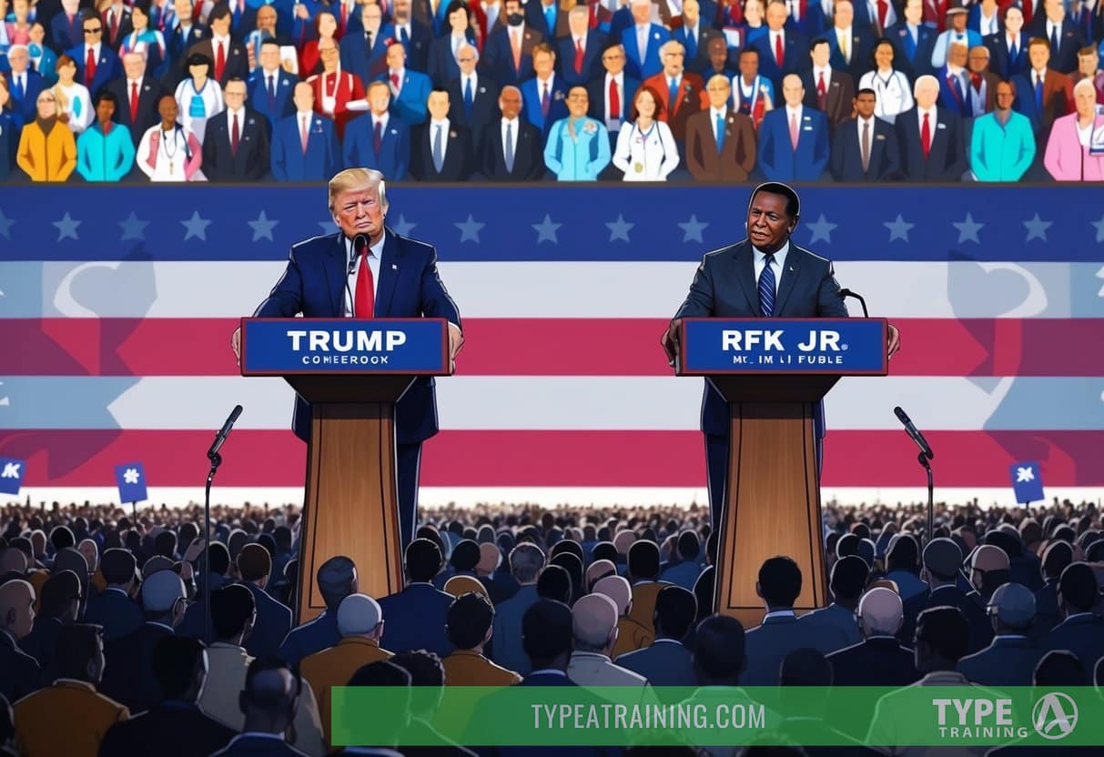 A podium with two microphones, one labeled "Trump" and the other "RFK Jr.," stands in front of a large crowd. The backdrop features a mix of health-related symbols and American flags