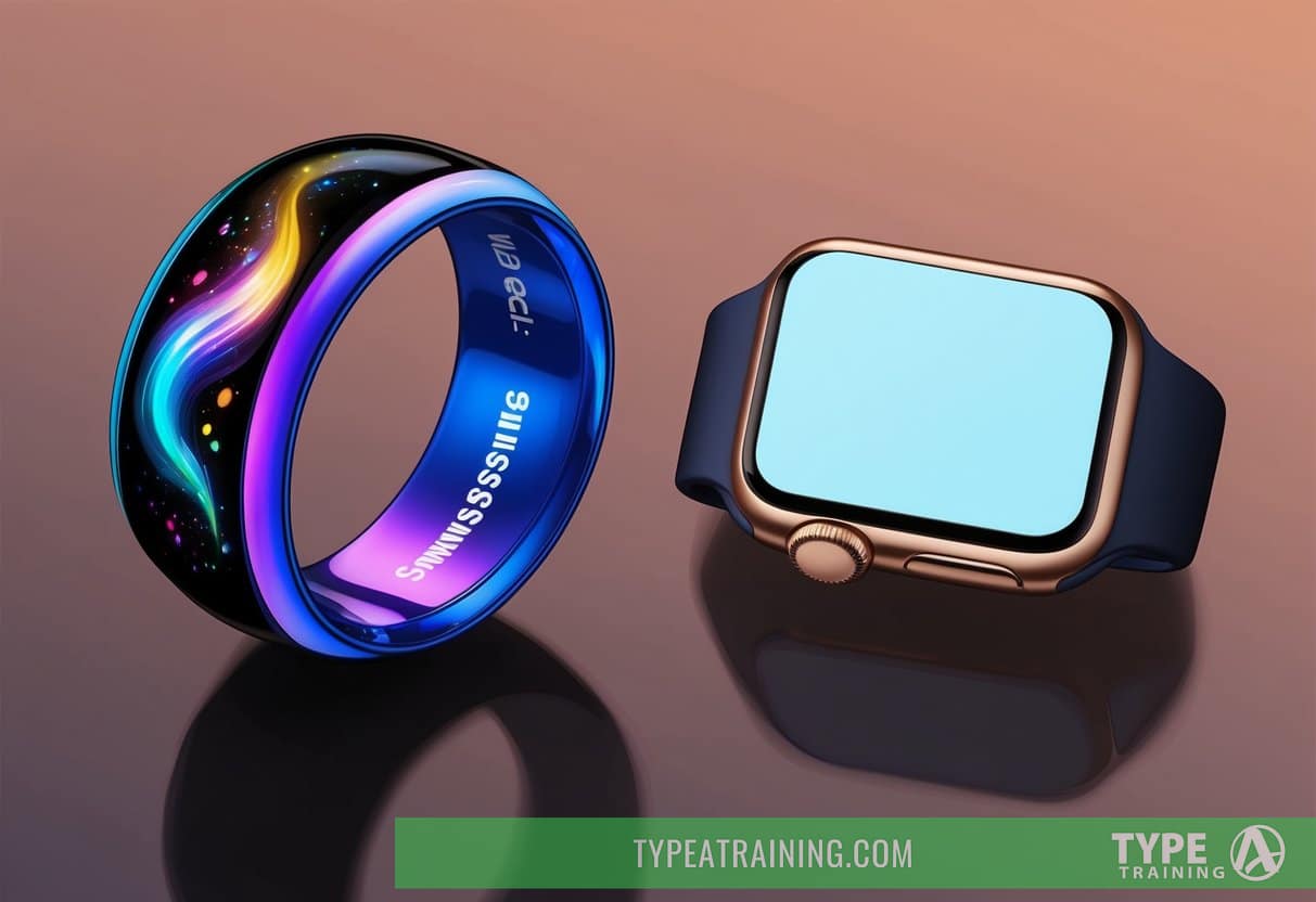A Samsung Galaxy Ring sits next to an Apple Watch, the former glowing with a vibrant display while the latter appears neglected and outdated