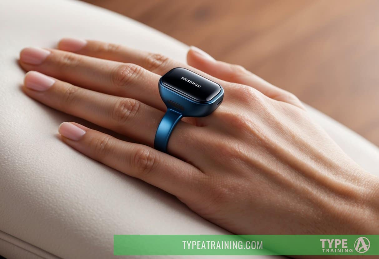 A hand holding the Samsung Galaxy Ring, with a sleek and modern design, resting on a soft, comfortable surface