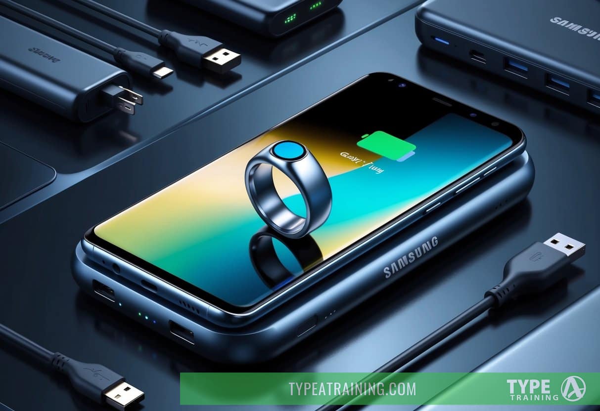 A Samsung Galaxy Ring lies on a sleek charging pad, surrounded by various charging cables and power banks. The battery icon on the screen shows a full charge