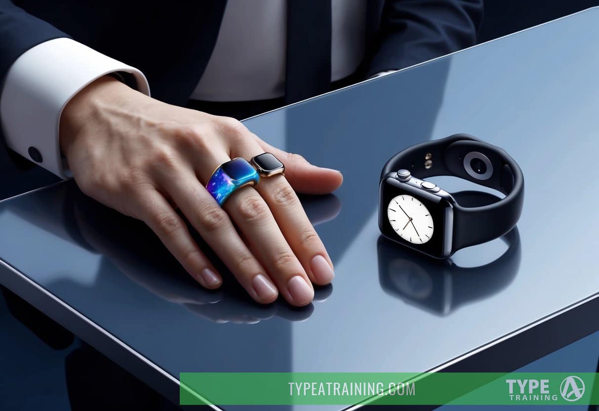 A hand holding a Samsung Galaxy Ring next to an abandoned Apple Watch on a sleek, modern table
