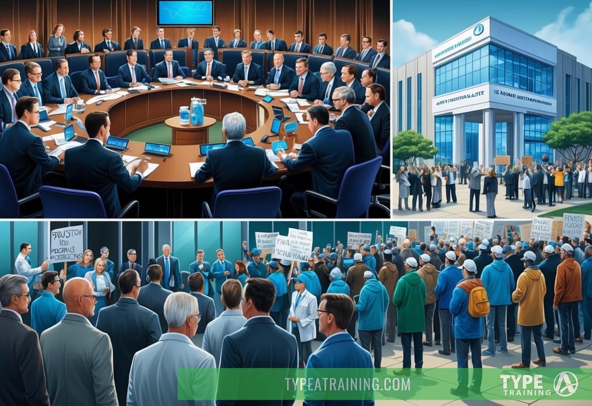 A crowded boardroom with executives debating, while a scientist works in a lab, and a group of protesters gather outside a pharmaceutical company