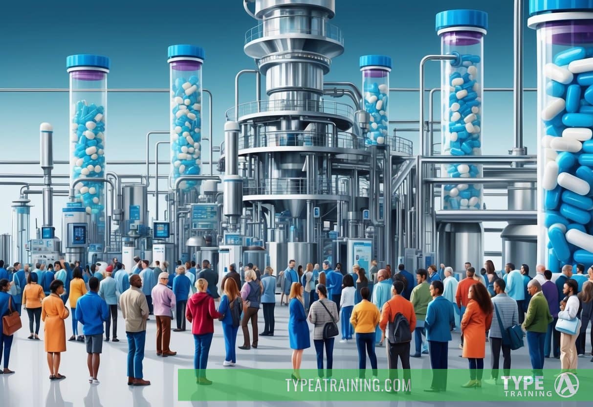 A pharmaceutical factory with towering pill bottles and a maze of complex machinery, surrounded by a diverse group of people waiting in line for medication