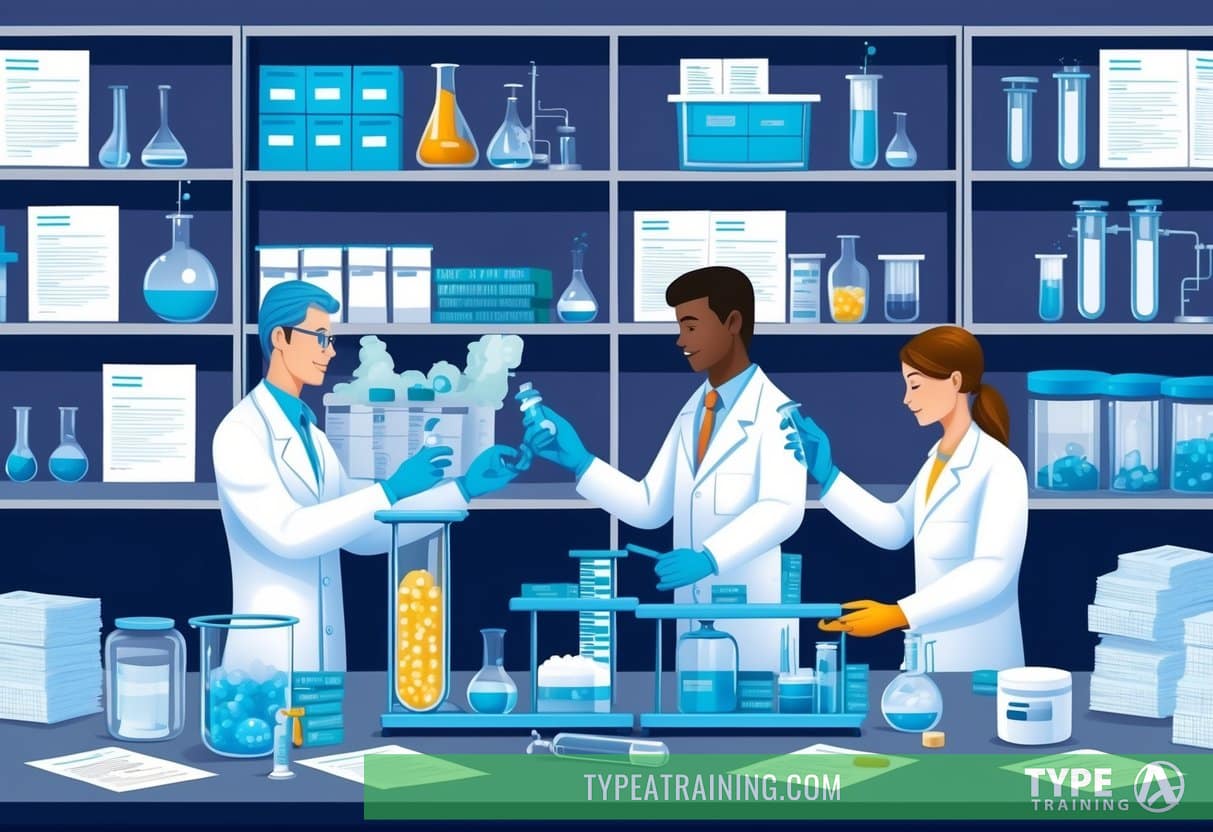 A pharmaceutical lab with scientists working on new drugs, surrounded by shelves of research materials and legal documents