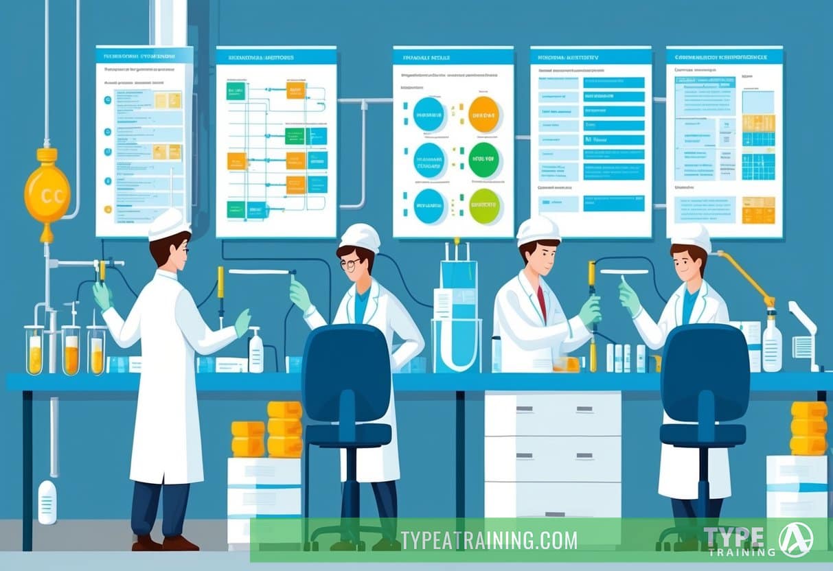 A pharmaceutical factory with workers conducting tests and research, while regulatory documents and compliance guidelines are displayed on a wall