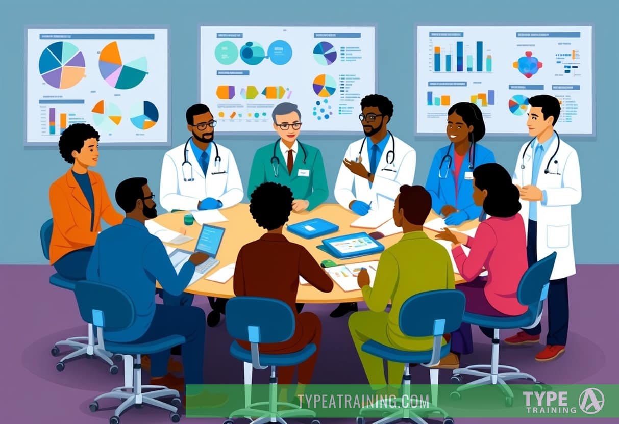 A group of diverse researchers and participants engage in a discussion around a table, surrounded by medical equipment and scientific charts