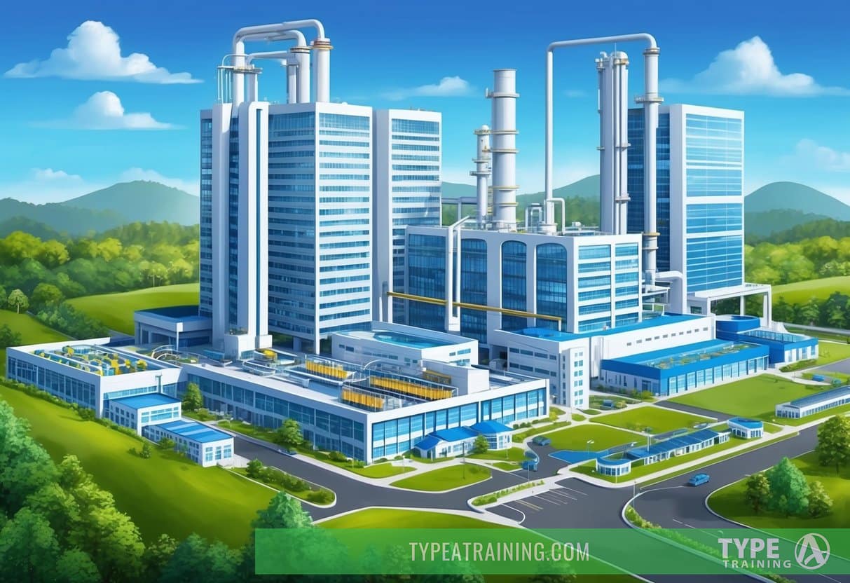 A pharmaceutical factory with towering buildings, research labs, and production lines, surrounded by lush greenery and a clear blue sky