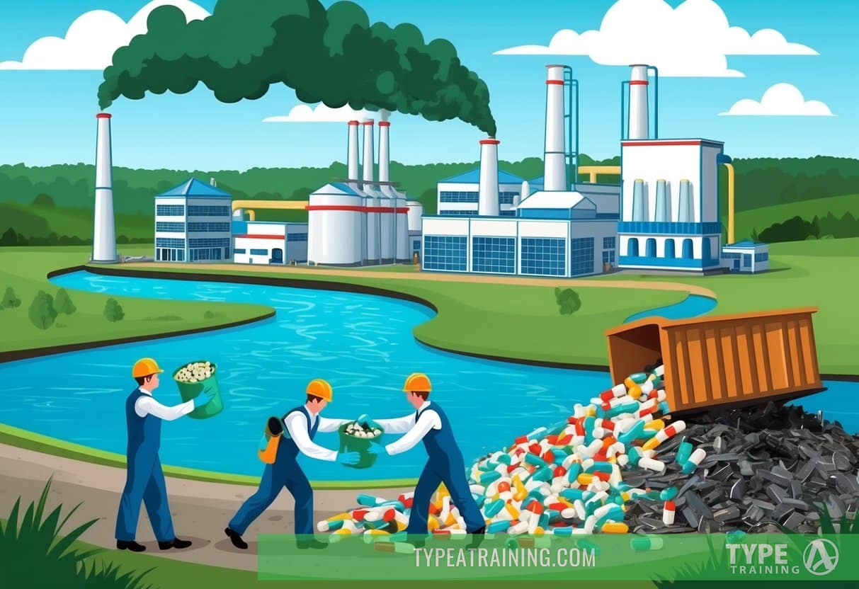 A pharmaceutical factory emitting toxic waste into a river, while workers are seen dumping expired medication into a landfill