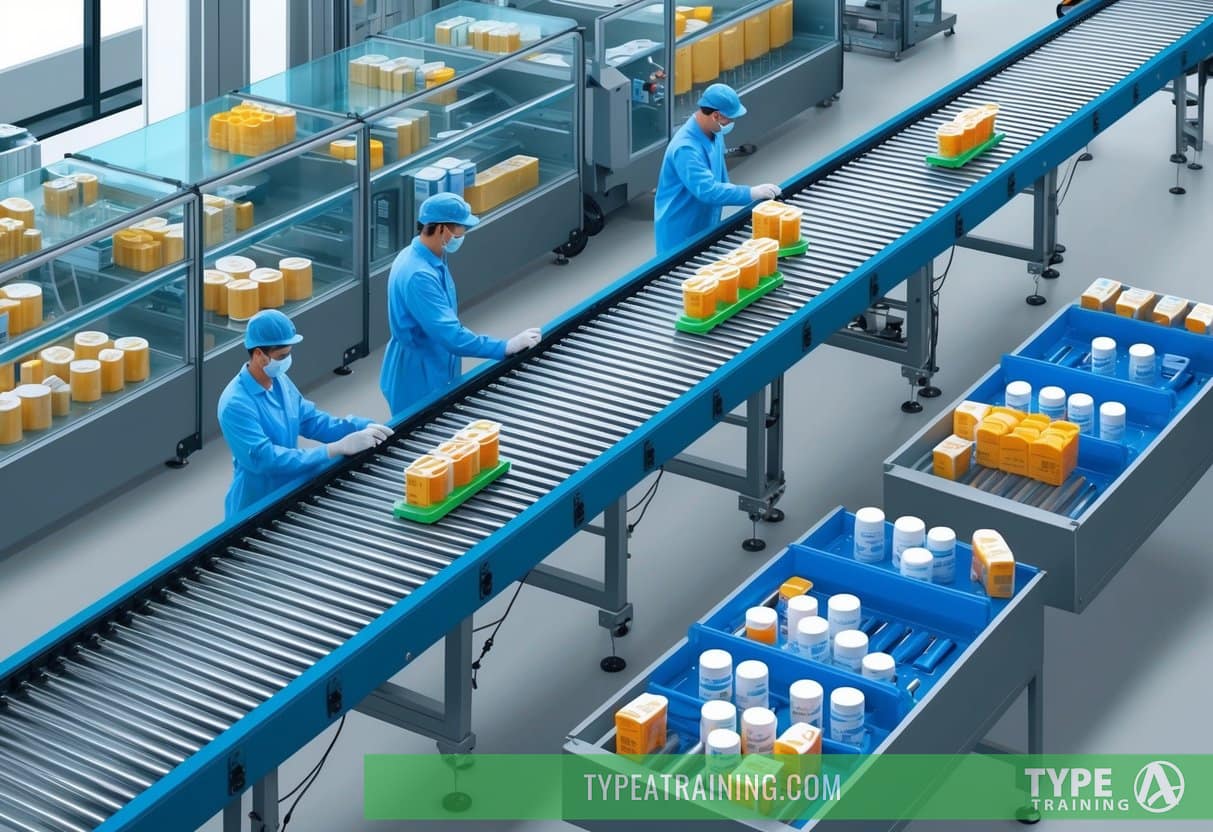 A conveyor belt moving pharmaceutical products through a high-tech distribution center, with workers carefully monitoring the process