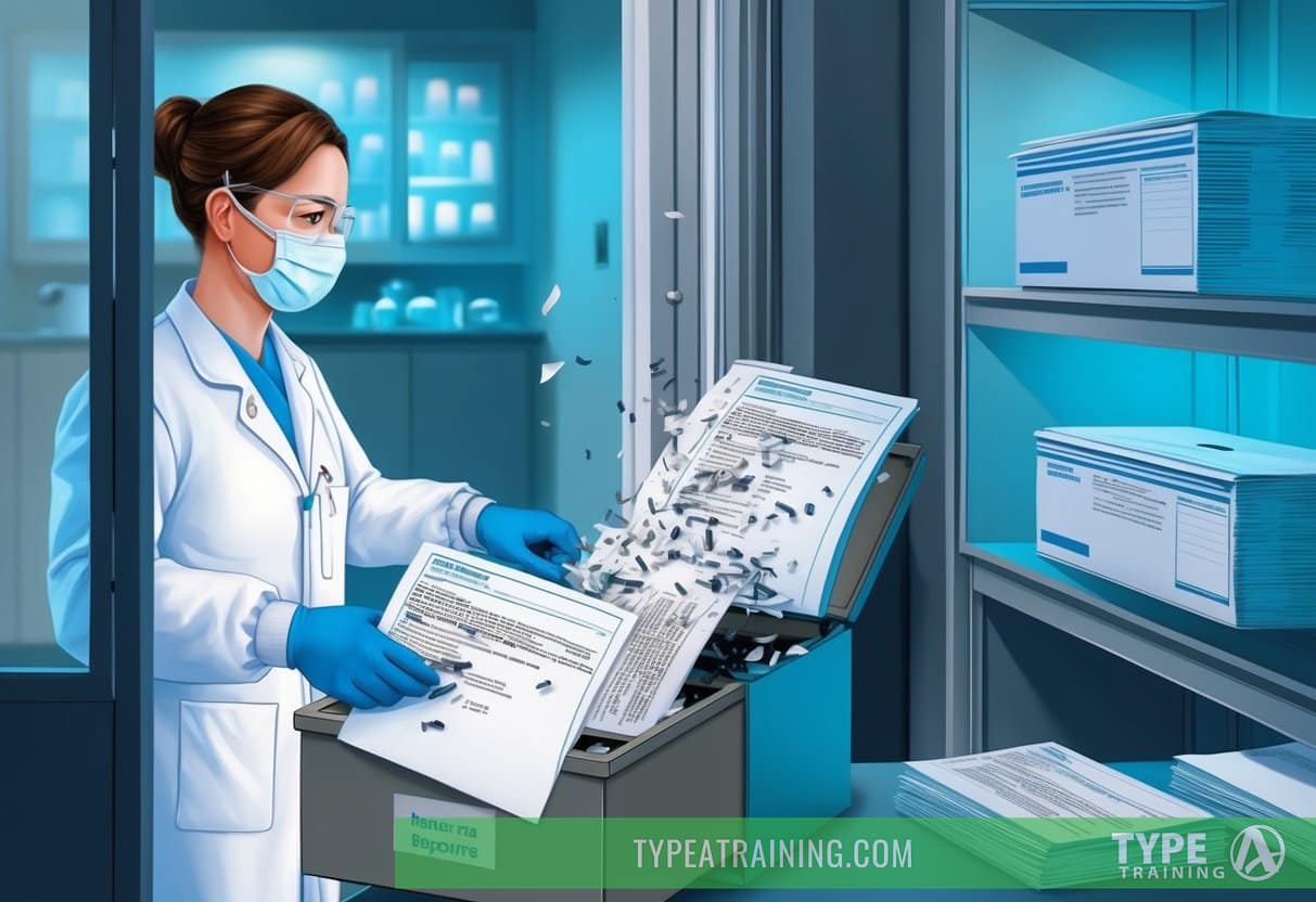 A pharmaceutical lab technician shredding confidential documents in a secure room