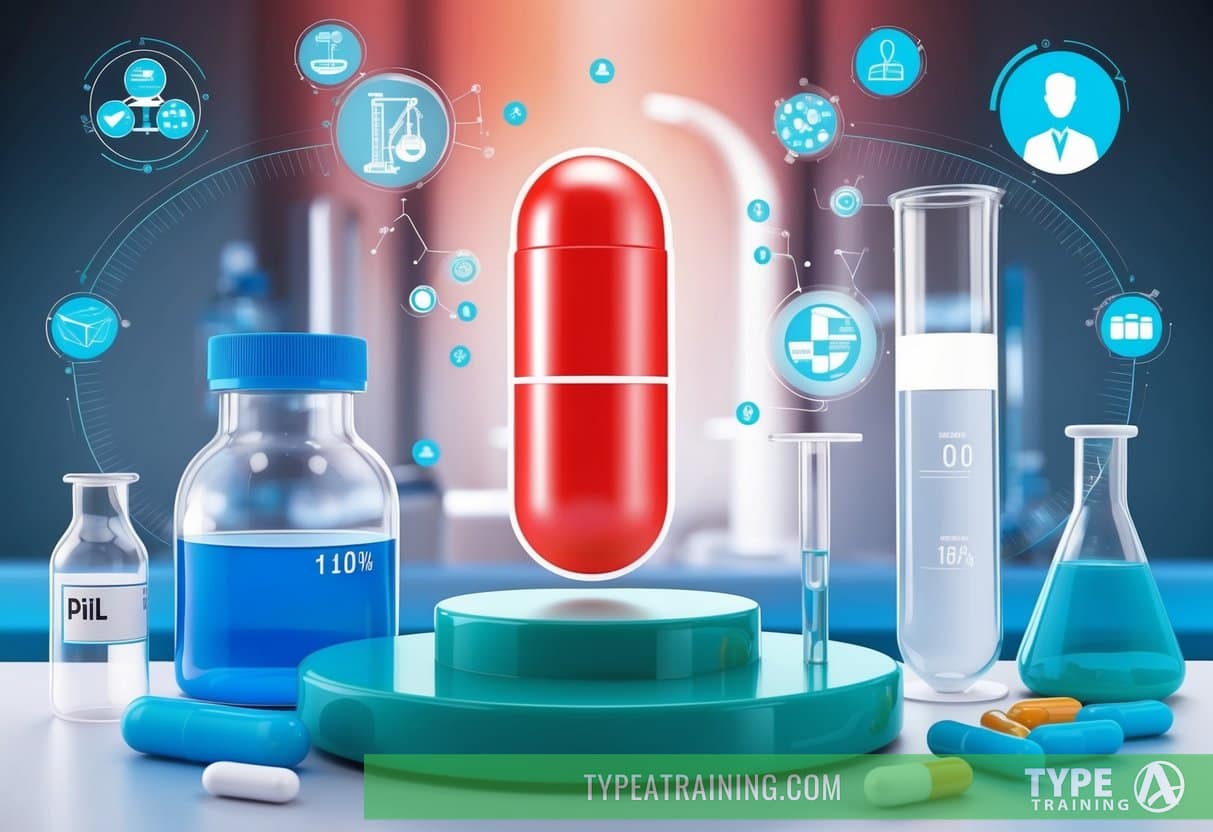 A pharmaceutical lab with a scale model of a pill surrounded by conflicting symbols of innovation and ethical boundaries