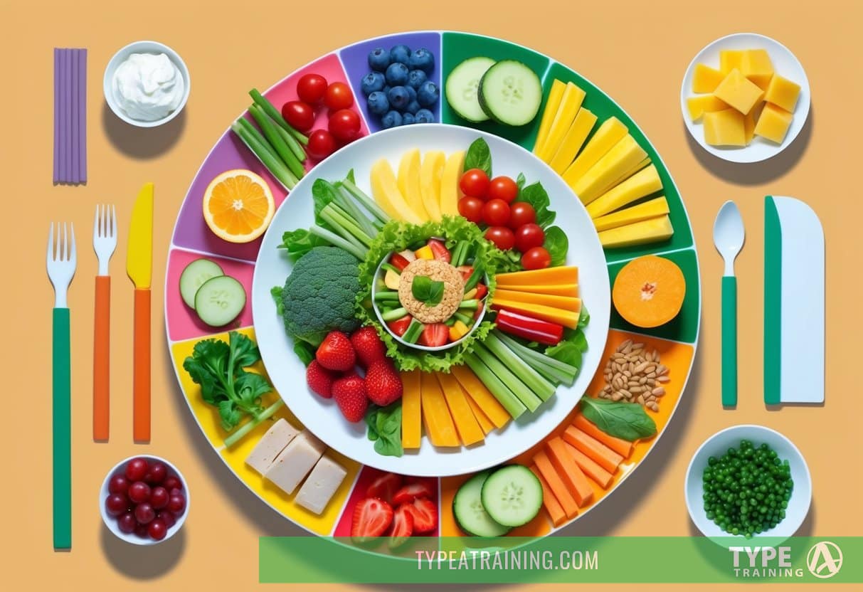 A colorful plate with a variety of fresh fruits, vegetables, lean proteins, and healthy fats arranged in an appealing and balanced manner
