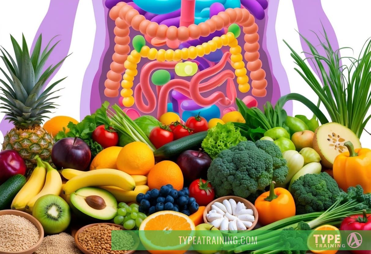 A colorful array of fresh fruits, vegetables, and whole grains, alongside probiotic-rich foods, set against a backdrop of a healthy gut microbiome
