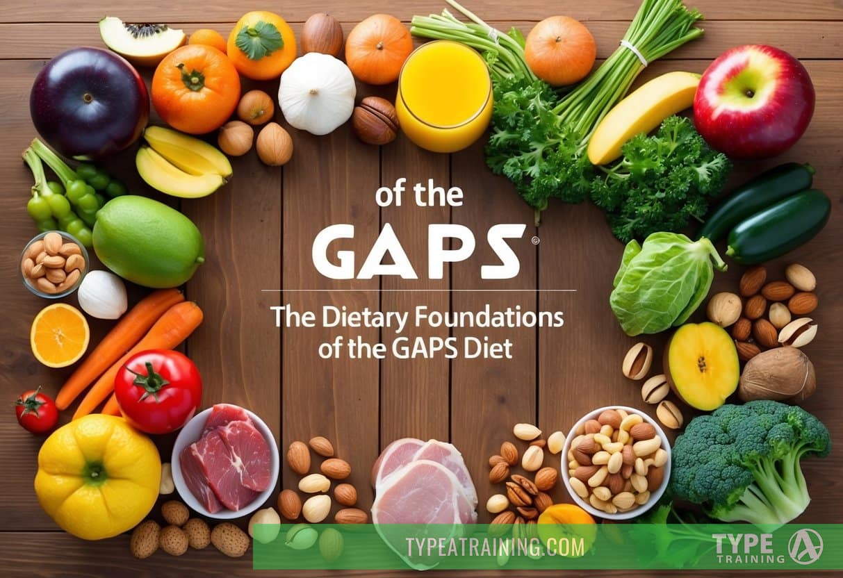 A colorful array of fruits, vegetables, nuts, and meats arranged on a wooden table, symbolizing the dietary foundations of the GAPS diet