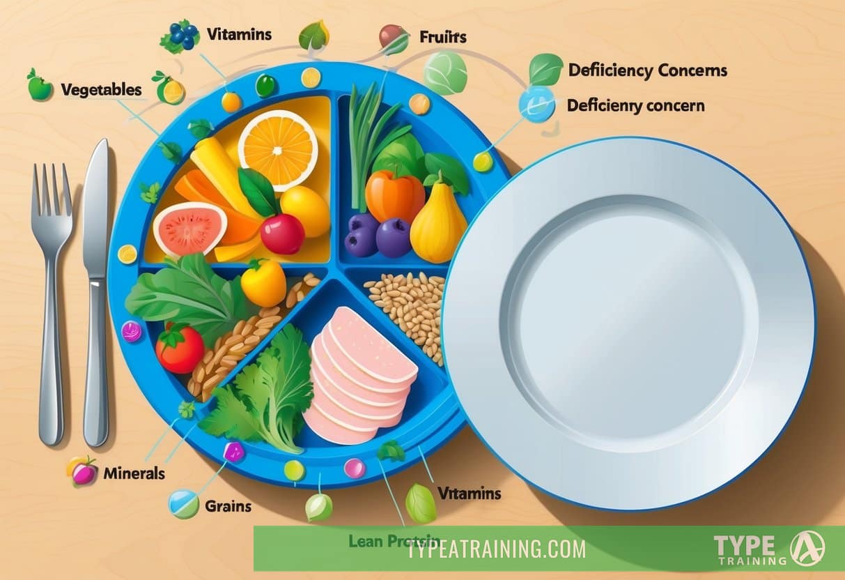 A colorful plate of fruits, vegetables, grains, and lean protein, with a variety of vitamins and minerals highlighted. An empty plate next to it symbolizes deficiency concerns