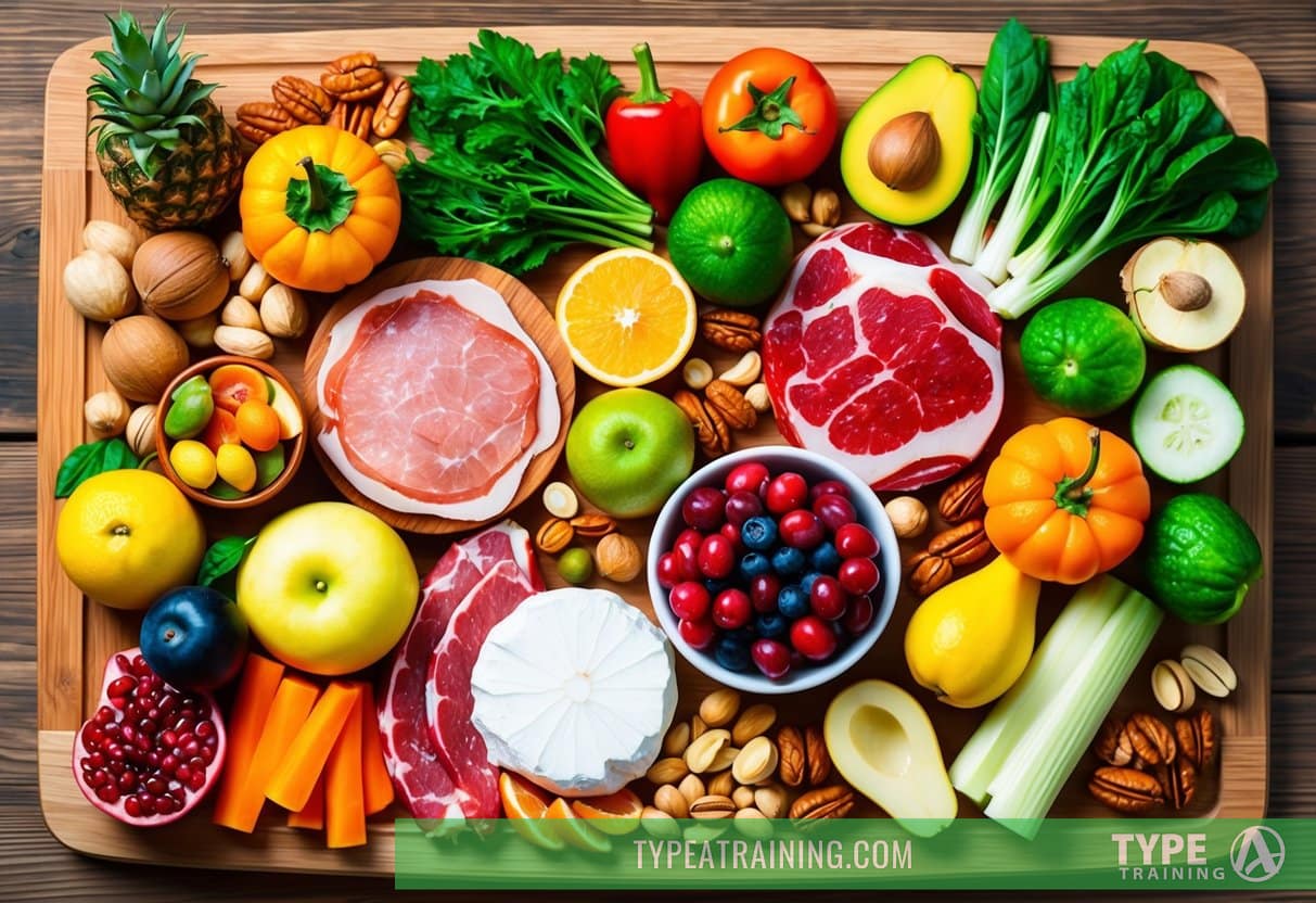 A colorful, diverse array of fruits, vegetables, meats, and nuts arranged on a wooden cutting board
