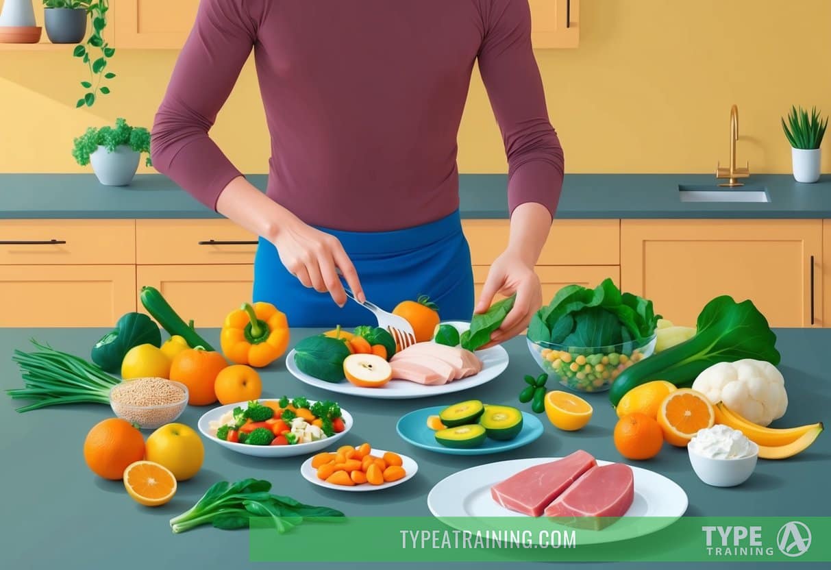 A person preparing a variety of fresh fruits, vegetables, and lean proteins while avoiding grains, dairy, and processed foods