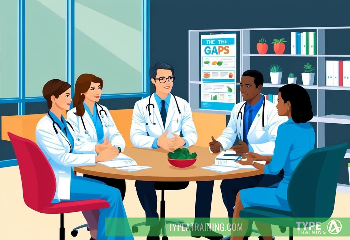A group of healthcare professionals discussing the gaps diet and its impact on overall health in a modern office setting