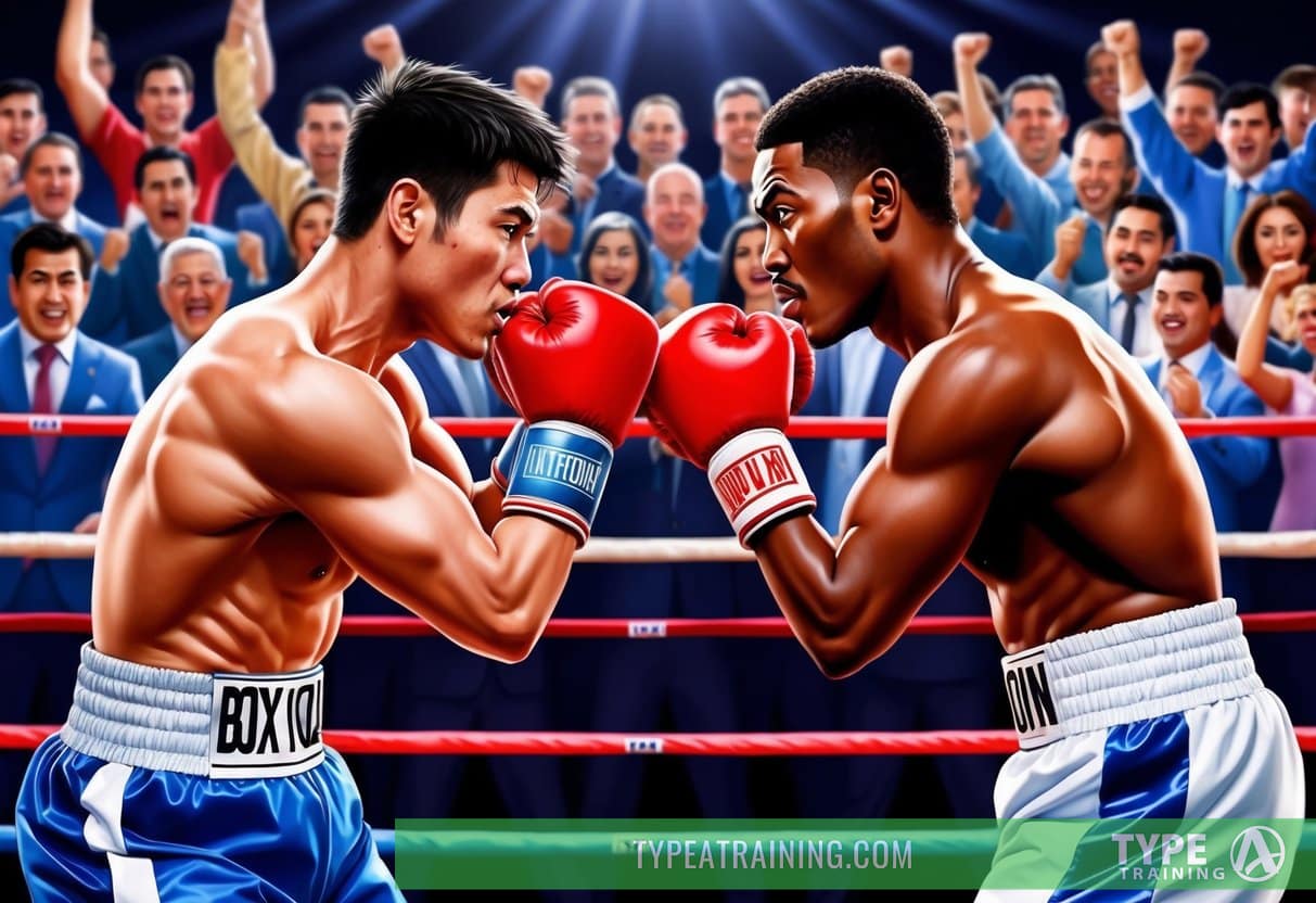 Two boxers in a ring, facing each other with intense expressions, surrounded by a cheering crowd