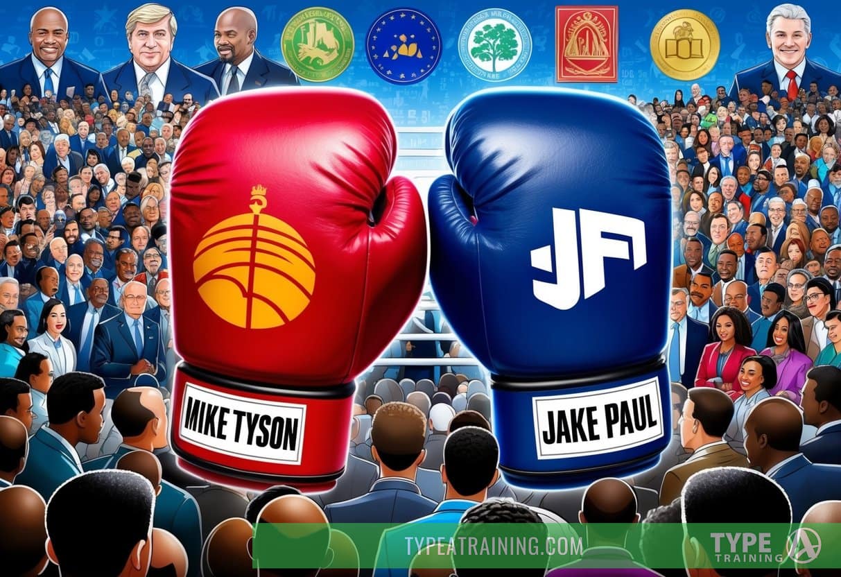 Two boxing gloves representing Mike Tyson and Jake Paul, surrounded by a crowd of diverse spectators, with a backdrop of economic and cultural symbols