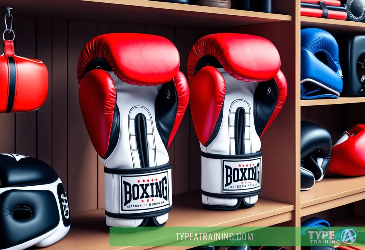 A pair of boxing gloves displayed on a shelf in a sporting goods store, surrounded by other boxing equipment and accessories