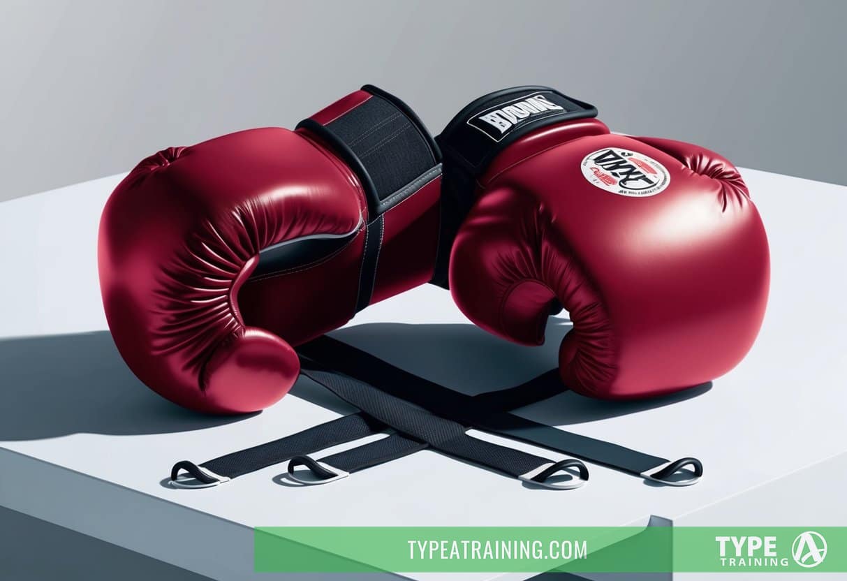 A pair of boxing gloves displayed on a clean, white surface with a variety of closure systems visible, such as velcro, laces, and hook-and-loop straps