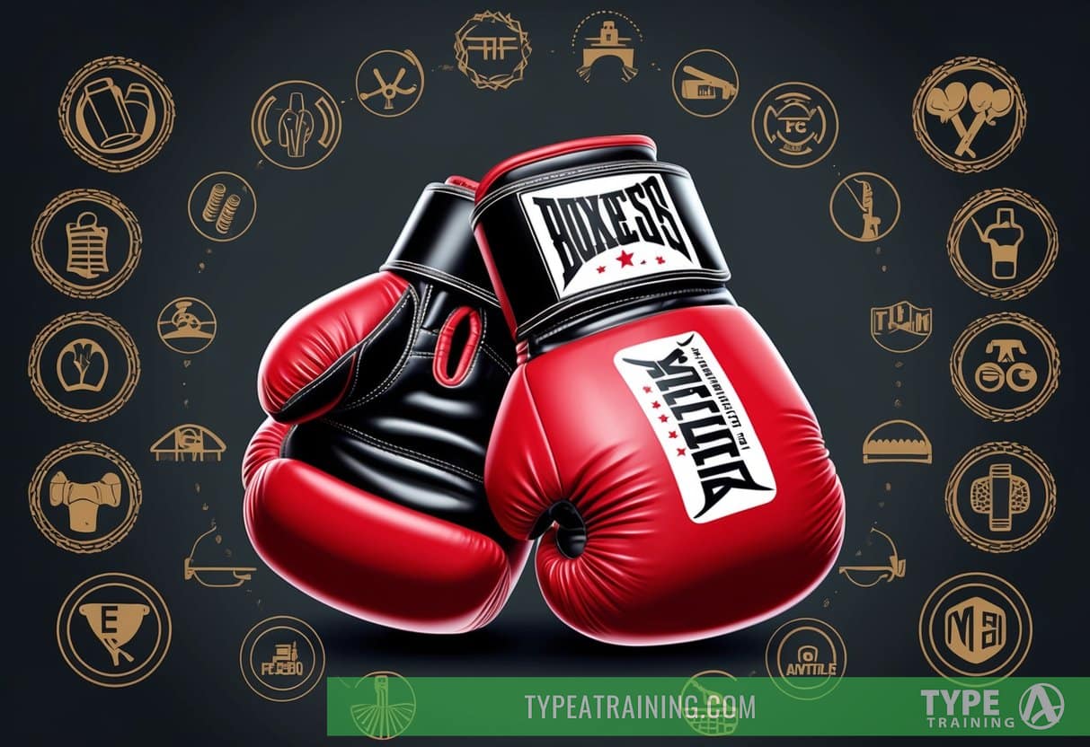 A pair of boxing gloves surrounded by various symbols representing their special features