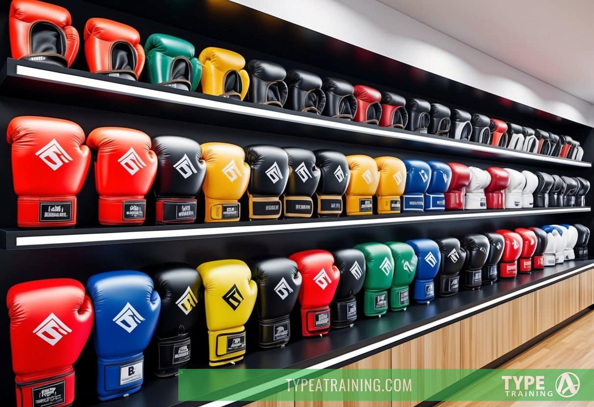 A display of various boxing gloves in different sizes, colors, and materials, arranged neatly on shelves in a sports equipment store