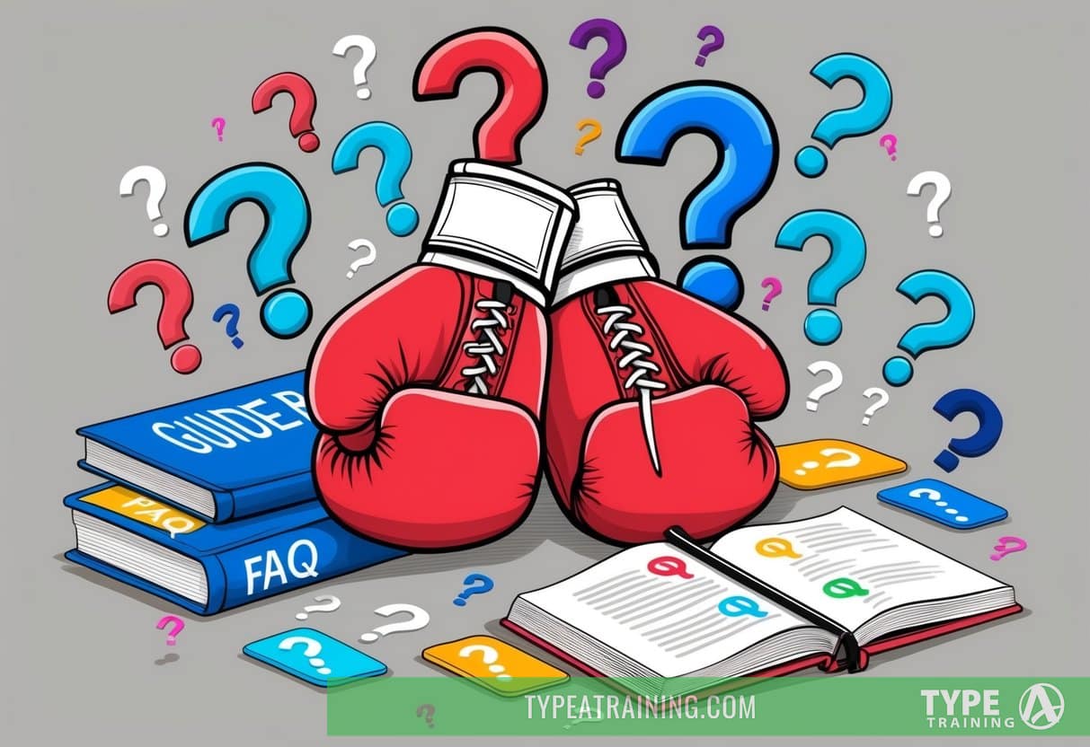 A pair of boxing gloves surrounded by a variety of question marks, with a guidebook and a FAQ section in the background