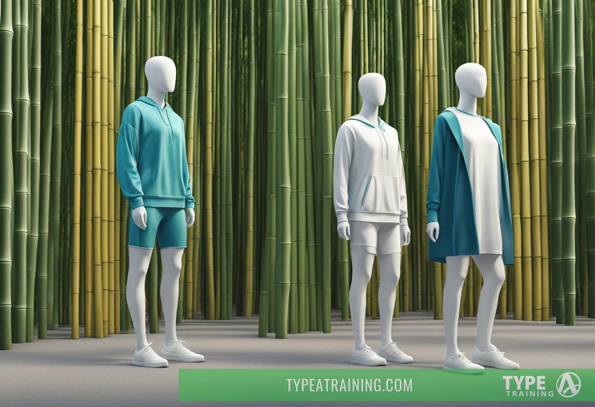 A bamboo forest with athletic clothing made from eco-friendly materials displayed on mannequins