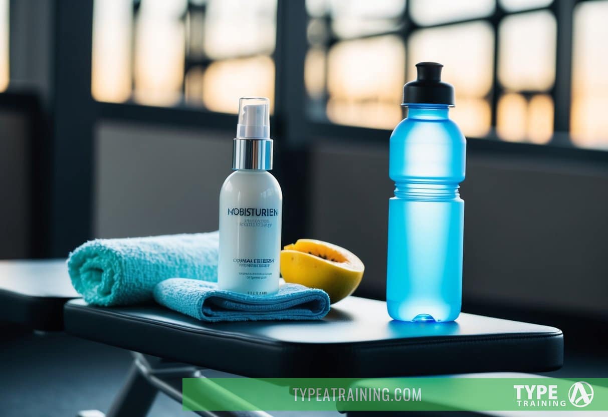 A bottle of moisturizer and a towel on a gym bench, with a water bottle and a piece of fruit nearby