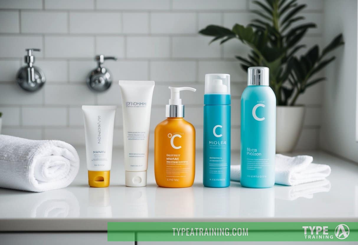 A collection of skincare products, including cleanser, moisturizer, and sunscreen, arranged on a clean, white countertop. A towel and water bottle sit nearby